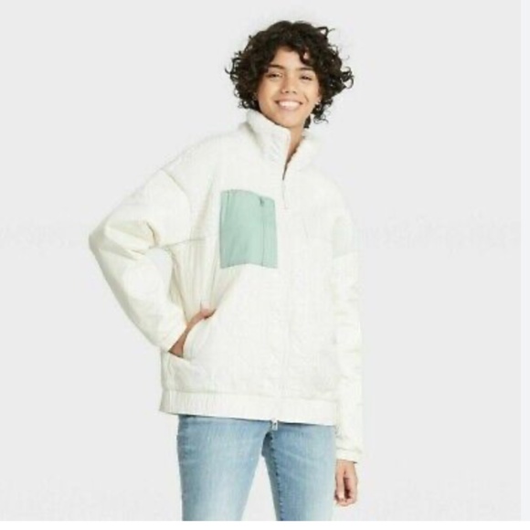 Universal Thread Full Zip Sherpa Nylon Jacket Cream Teal - Picture 1 of 14